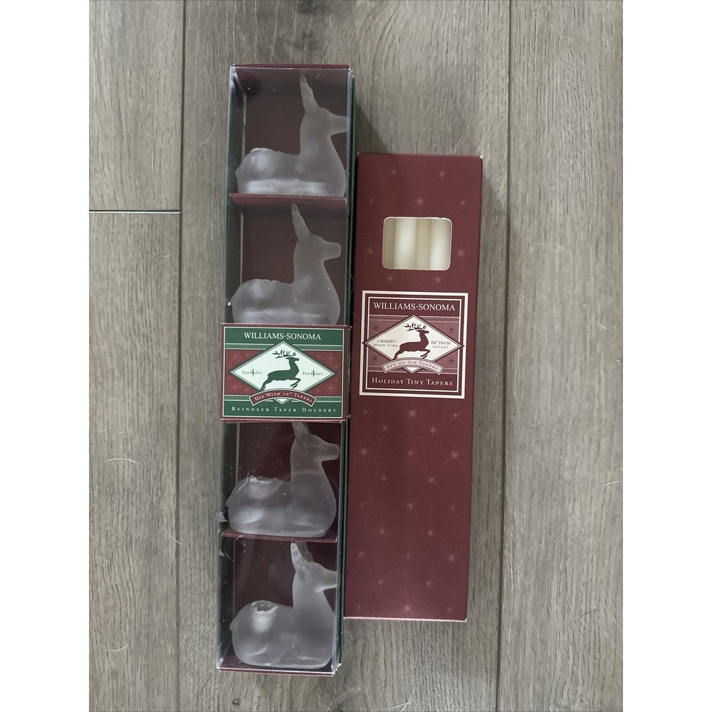 Williams Sonoma Christmas Reindeer Deer Tiny Taper Holders Solid Frosted Glass 4